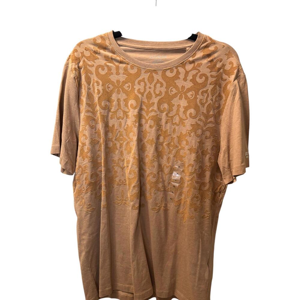 Guess Slim Fit Organic Cotton T-Shirt in Tan with Pattern
